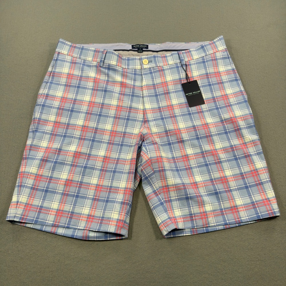 Peter Millar Crown Crafted Mens Plaid Performance Golf Shorts Blue Red 38 NEW